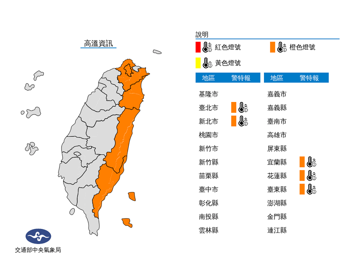 今(15)日中午前後台北市、新北市、宜蘭縣、臺東縣地區，花蓮縣縱谷為橙色燈號，有連續出現36度高溫的機率。 圖：中央氣象局/ 提供
