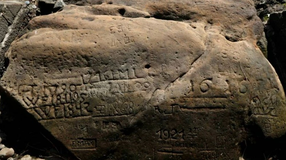 位於中歐易北河（Elbe River）地區的「飢餓石」（hunger stones）上用德文寫著：「如果你再次看到這塊石頭，那麼你將會哭泣（Wenn du mich siehst, dann weine）」。 圖：翻攝自財聯社
