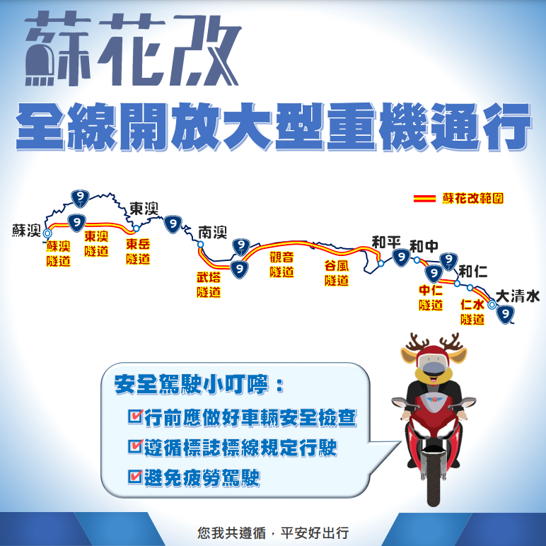 蘇花改於9月1日起將正式全線開放大型重機通行。 圖：交通部公路總局／提供