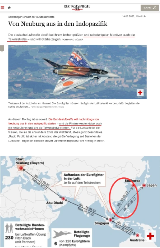 在《每日鏡報》報導中，不僅宣稱德軍戰機將「穿越臺灣海峽」，還給出了一張示意圖。 圖:翻攝自騰訊網