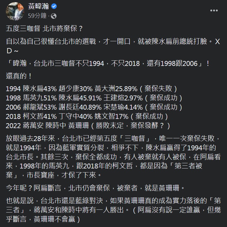 資深媒體人黃暐瀚以「五度三咖督 北市將棄保？」為題發文，稱訪問陳水扁前總統，他預言今年北市「三咖督」選情到最後仍會發生「棄保」。 圖：截取黃暐瀚臉書