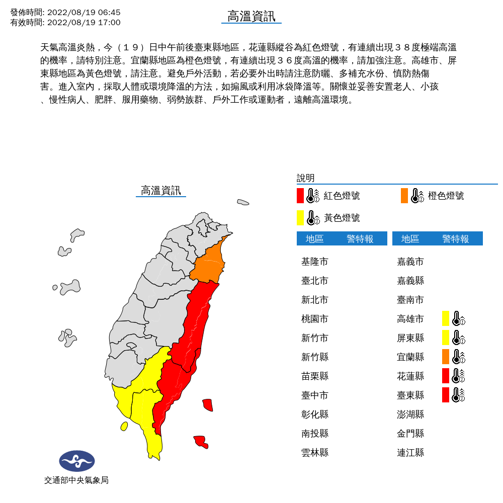 今天中午前後，包括台東縣地區、花蓮縣縱谷有連續出現攝氏38度極端高溫的機率，宜蘭縣、高雄市與屏東縣地區也要小心高溫警訊。 圖：中央氣象局/提供