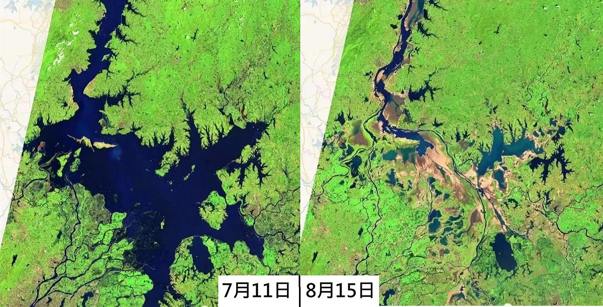 鄱陽湖水域，7月11日與8月15日對比圖。 圖:翻攝自歐洲太空總署