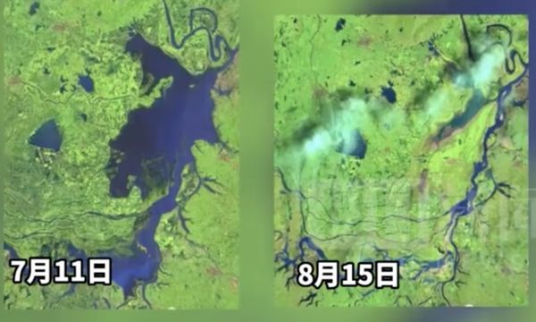洞庭湖水域，7月11日與8月15日對比圖。 圖:翻攝自歐洲太空總署