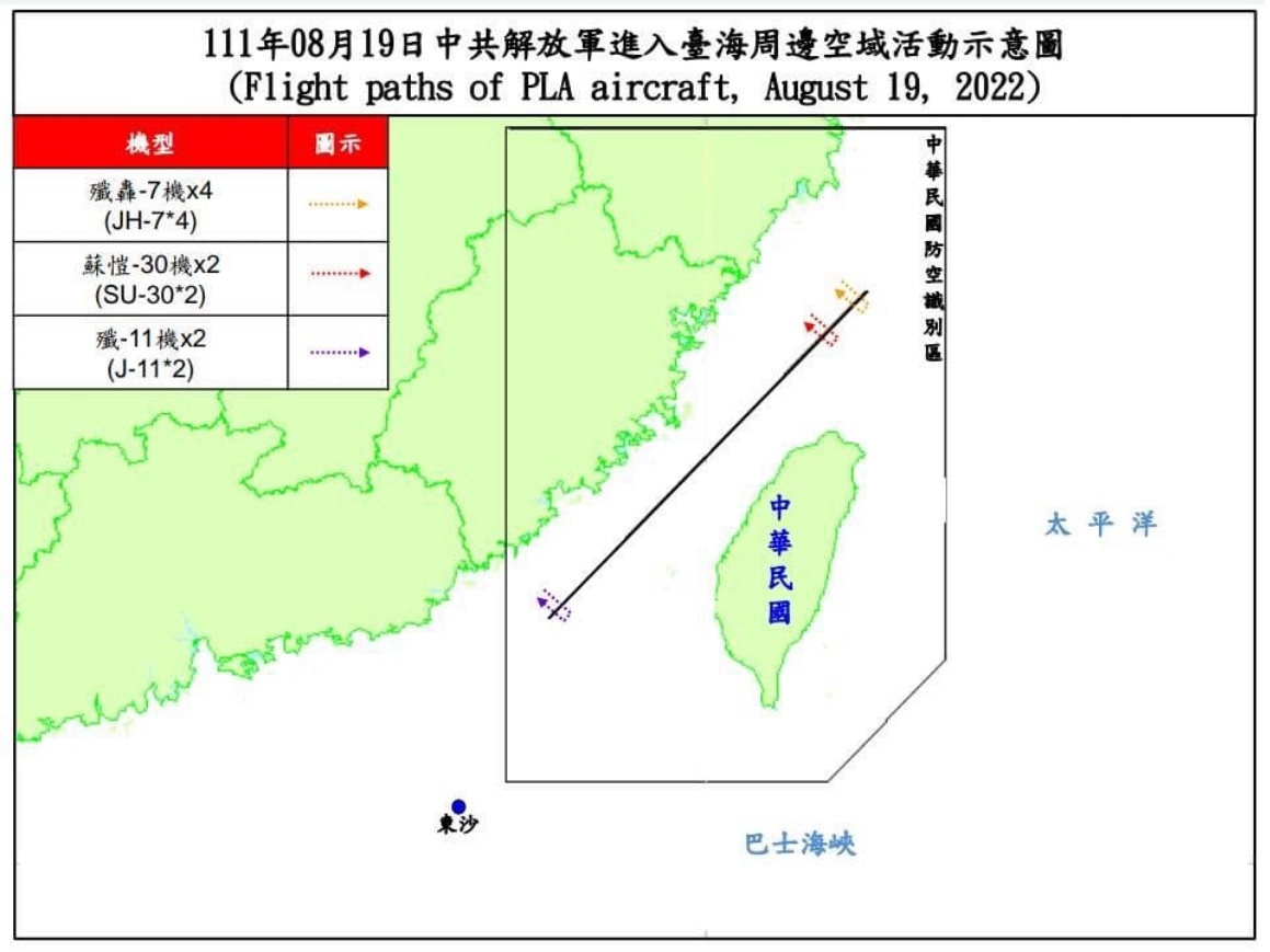 19日越線擾台的解放軍機，分別為「殲轟-7」4架次、「蘇愷-30」及「殲-11」各2架次。 圖：國防部提供