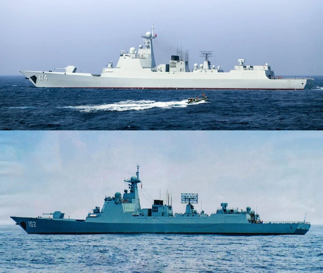 上：052D型「合肥號(舷號173)」；下：052DL型「南寧號(舷號162)」。兩者僅在艦身長差距約5公尺。 圖：解放軍報/新頭殼合成