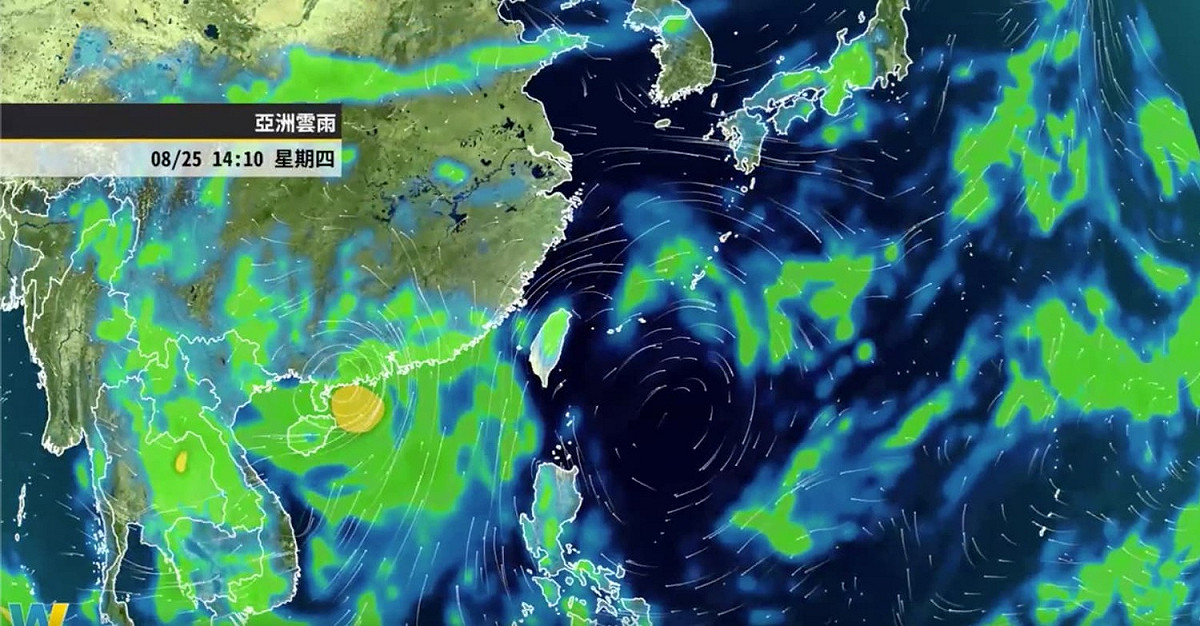 受到颱風外圍環流影響，恆春半島至台東有局部大雨情形，不過週四、週五颱風就會逐漸遠離。 圖：翻攝自天氣風險公司臉書