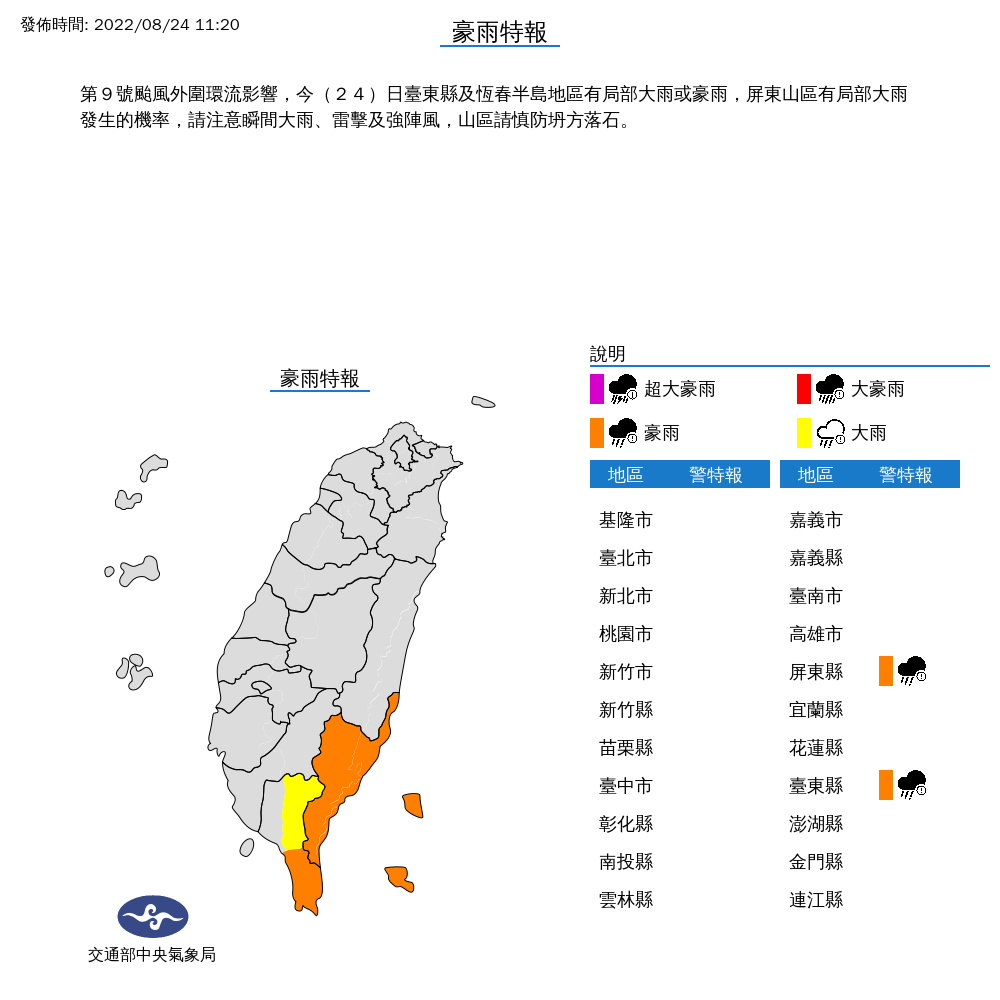 屏東和台東受到外圍環流影響應慎防豪雨。 圖：取自中央氣象局網站