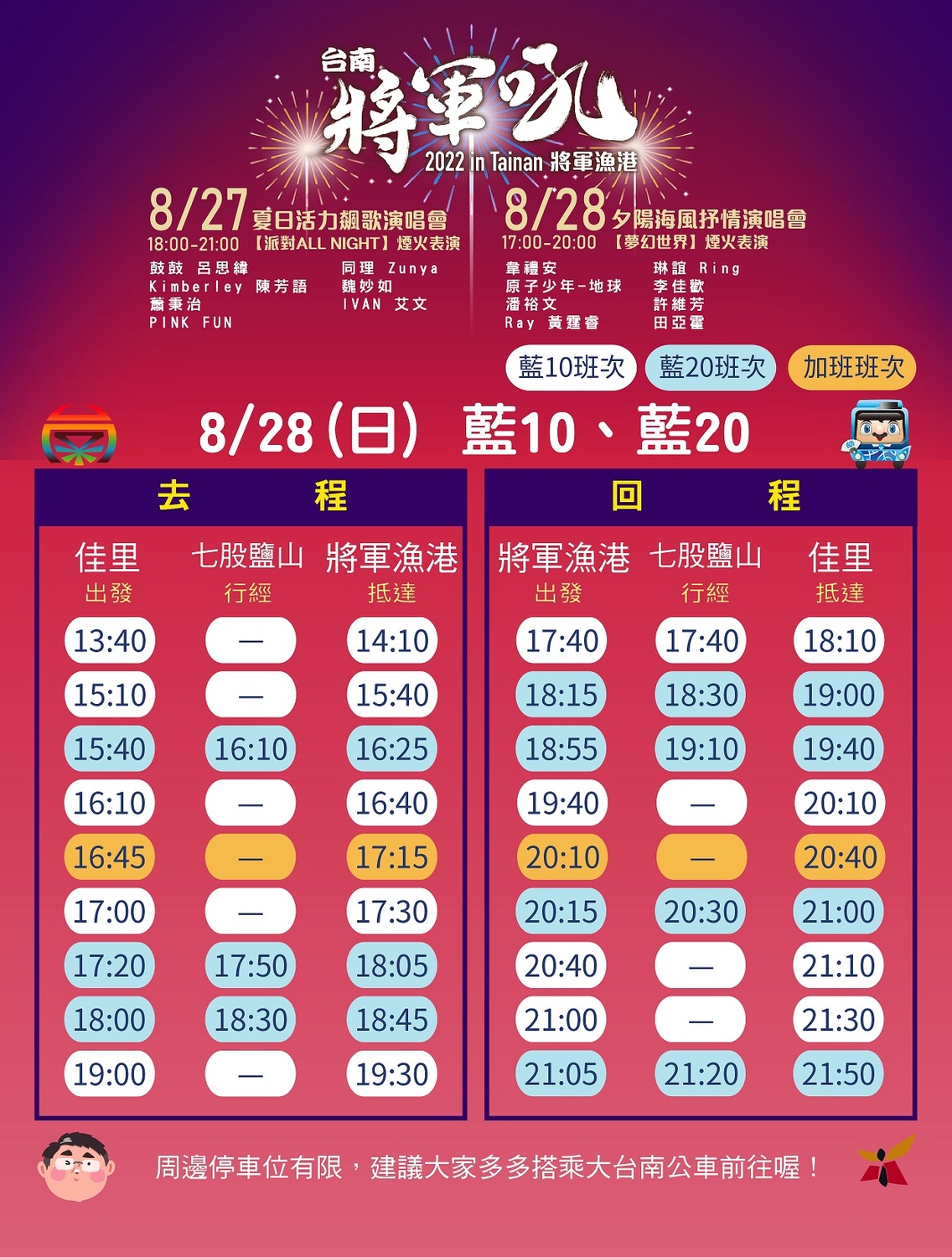 8月28日藍10藍20公車時刻表。 圖：台南市政府觀光旅遊局 / 提供