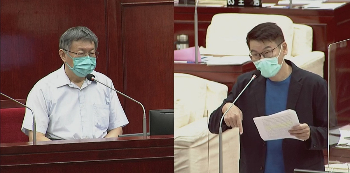 台北市長柯文哲（左圖）22日在議會接受議員連番質詢開於台北燈會5000萬元黑洞，以及是否允諾變出經費還給廠商一事，聲稱不知情，右圖為民進黨議員梁文傑。 圖：翻攝自台北市議會歷史影音