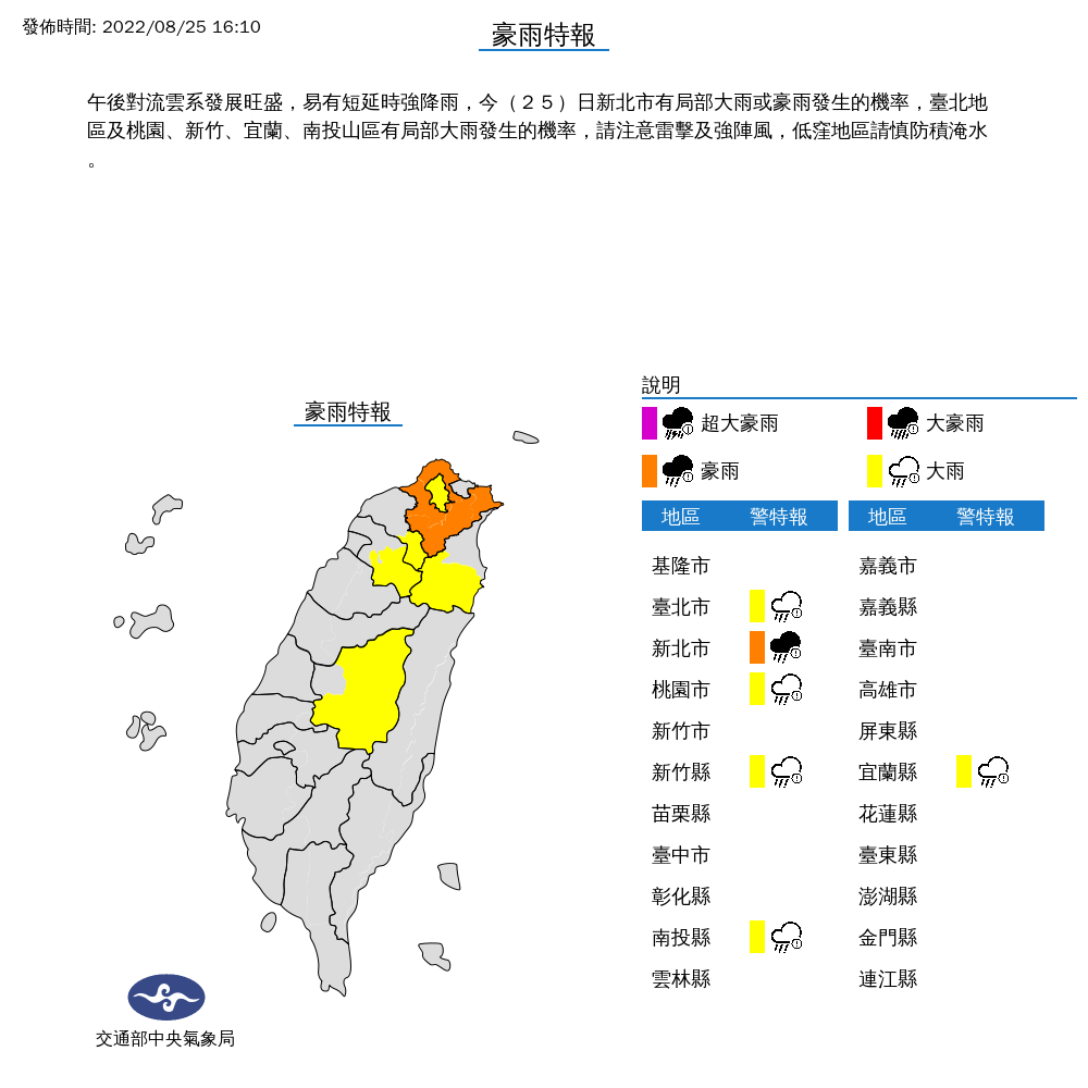 氣象局於16時10分將新北市升級成豪雨特報。 圖：取自中央氣象局網站