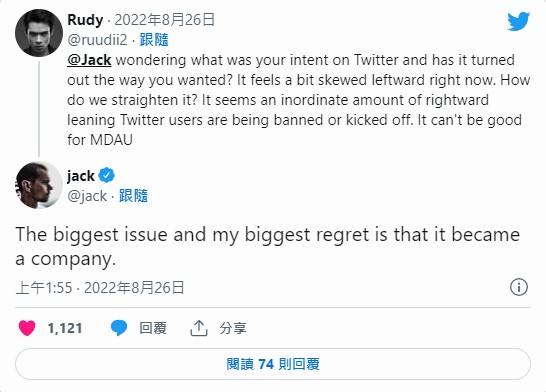 一名網友問Dorsey，推特是否按照他的設想在發展，他回應「最大的問題和我最大的遺憾是它變成了一家公司。」