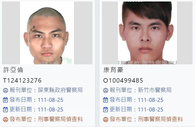 刑事局公布脫逃受刑人許亞倫（左）與康育豪（右）相貌。 圖：翻攝刑事局官網