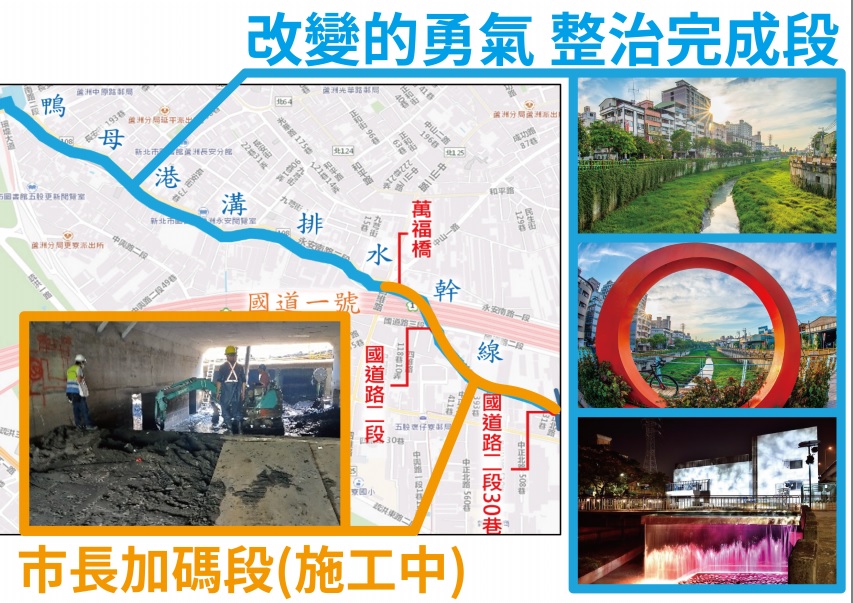 新北市水利局揭示藍色部分為「改變的勇氣」整治完成段；黃色部分為侯友宜指示加碼的河段。  圖：新北市水利局提供