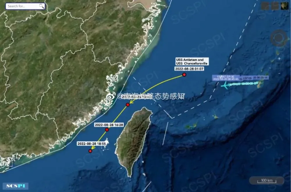美國海軍2艘巡洋艦 28 日穿越台灣海峽動線圖。 圖:翻攝自微博