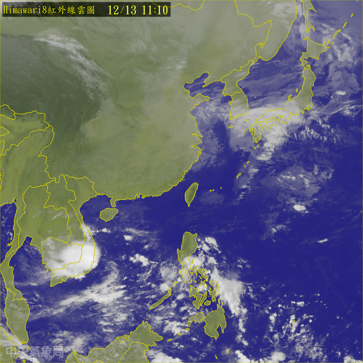 中央氣象局13日表示，今天白天各地為多雲到晴、陽光露臉的天氣，但入冬以來最強冷空氣晚間將報到，大台北地區低溫將降至14度左右。  圖：翻攝自中央氣象局官網。