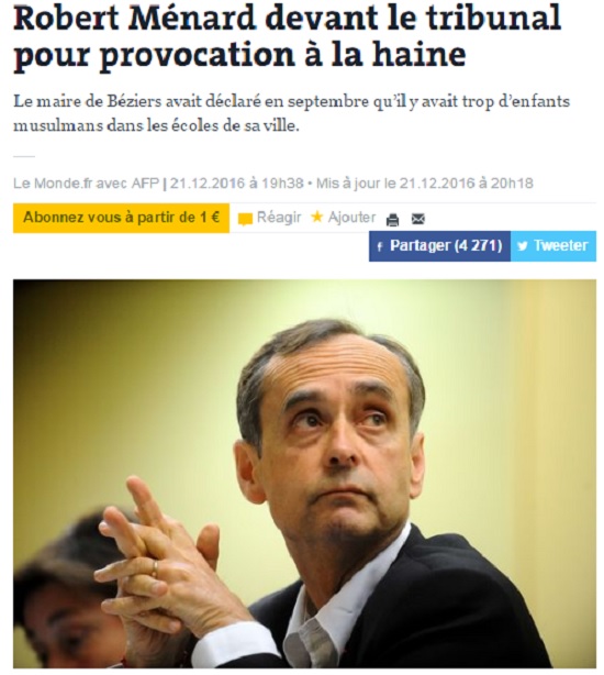 法國南部城市貝西亞市長梅納近期發言指市內穆斯林學童太多，遭反種族歧視組織告發，將因涉嫌挑起仇恨而接受調查和審判。 圖：翻攝Le Monde網站