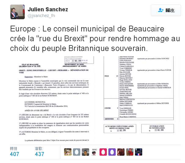 法國博凱爾市市長桑切斯聲稱「脫歐路」的命名，是為了向英國脫歐致敬。 圖：翻攝桑切斯推特