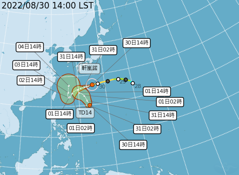 目前海面上除了有強颱「軒嵐諾」外，南邊還有一個熱帶低壓TD14明天可能會成為第12號颱風「梅花」，兩者將產生藤原效應。 圖：取自中央氣象局網站