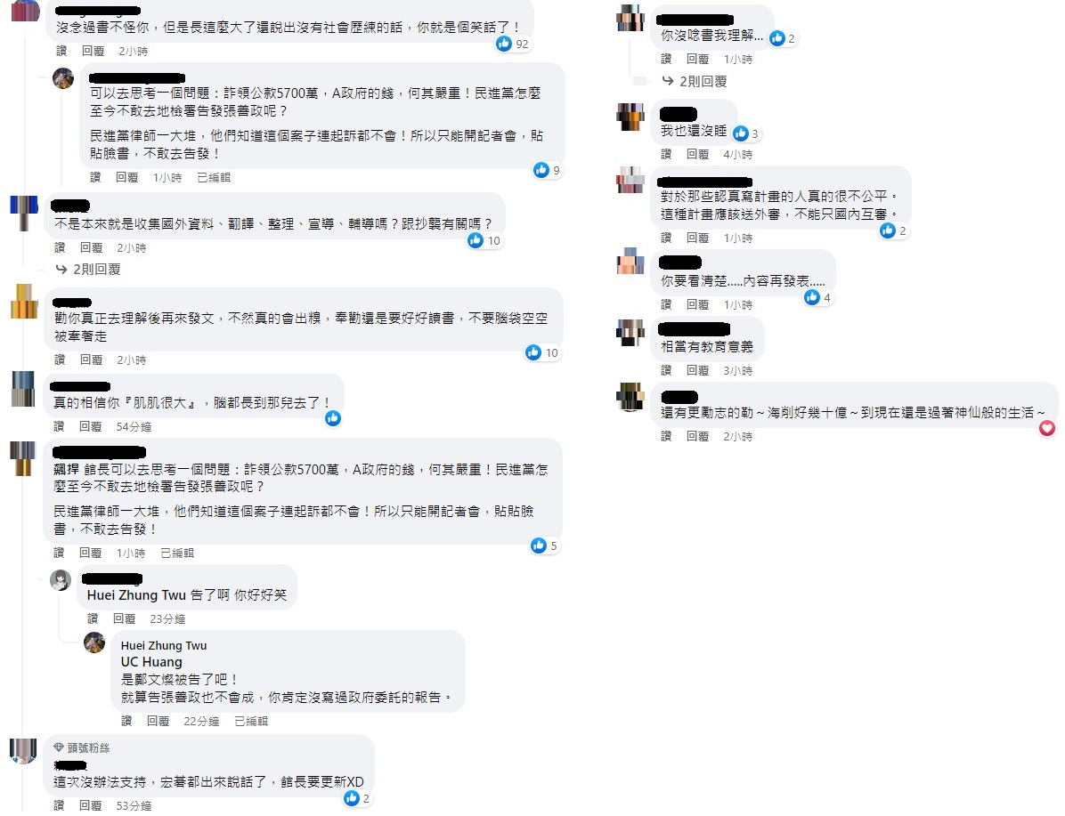 不滿張善政被酸，許多藍白粉留言圍剿館長。 圖：翻攝自飆悍臉書