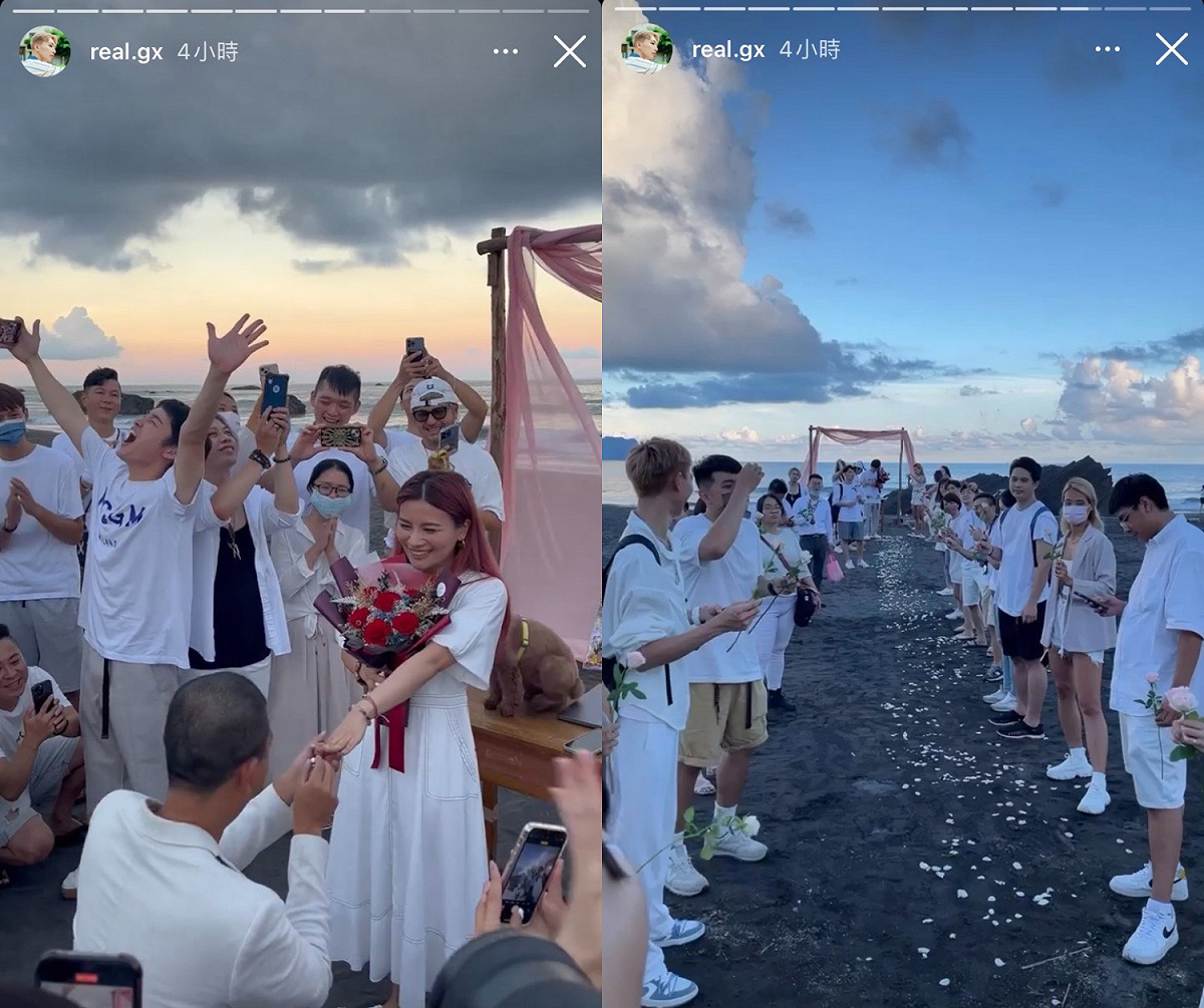董仔被求婚的現場畫面曝光，所有人都穿著白色服裝，手拿玫瑰花準備給董仔驚喜。 圖：翻攝自IG/real.gx