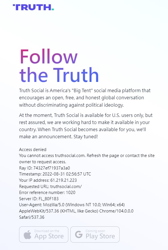 Truth Social已經能在蘋果的應用程式商店App Store上架。但是，在佔有美國40%智慧型手機市場的Android系統中，Truth Social還未收到上架的許可。 圖：翻攝自Truth Social官網