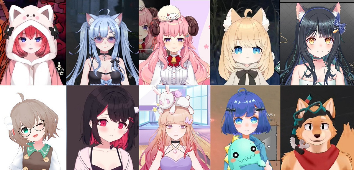 由左上至右下為 Twitch VTuber 實況主小舞、菲フェイ、烟花蹦蹦蹦、紋紋、仔魚、海底仙人、紅茶拿鐵だよ、罐子_ナ、 朝朝、沃夫曼 圖：Twitch /提供