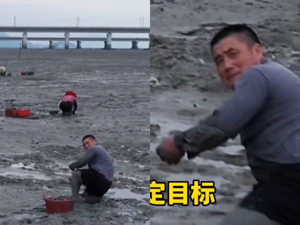 福建省寧德市用無人機拍攝海邊的宣傳影片時，被一名漁民挖起泥巴攻擊。 圖：翻攝網易