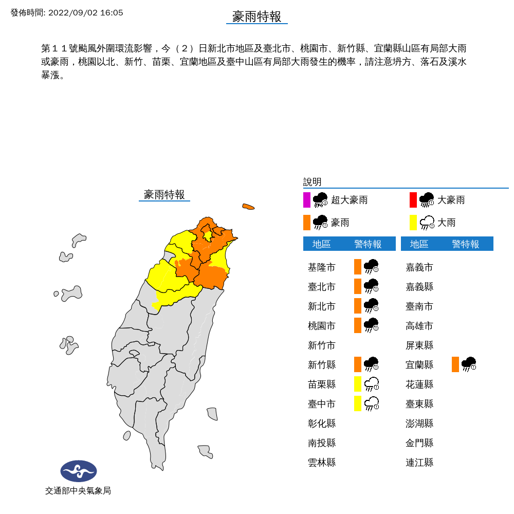 氣象局對8縣市發布豪大雨特報。 圖：取自中央氣象局網站