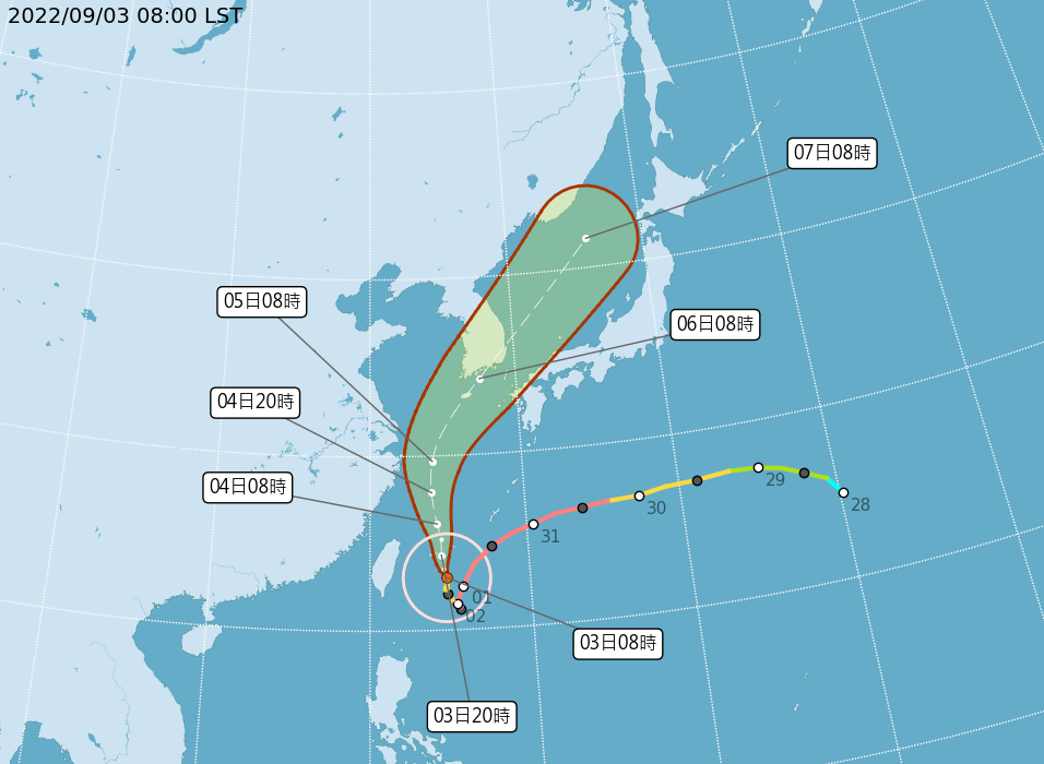 中央氣象局預測軒嵐諾颱風路線圖。 圖：中央氣象局