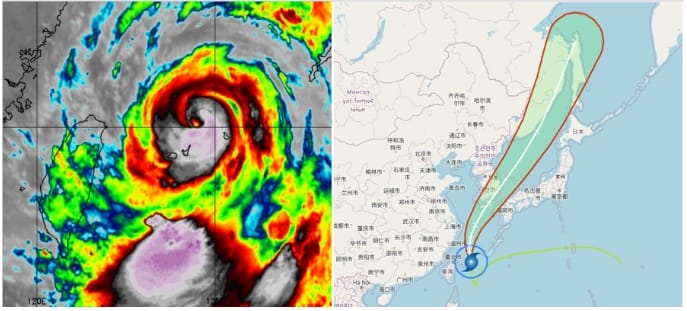 左圖：今晨4：45紅外線雲圖顯示，「軒嵐諾」颱風眼再現。(圖擷自weathernerds)右圖：最新中央氣象局「路徑潛勢預圖」(右圖)顯示，「軒嵐諾」向北北西進入東海，將再度增強為強颱；未來轉向北北東而行，通過南韓及對馬海峽一帶後，由於海溫漸低而減弱，緯度已高而漸變性。 圖/取自「三立準氣象．老大洩天機」專欄