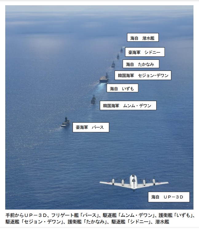 日本公布「2022年印太部署」演習照，從前至後為獵戶座海上巡邏機、澳洲珀斯號巡洋艦、韓國文武大王號驅逐艦、日本出雲號護衛艦、韓國世宗大帝號導彈驅逐艦、日本高波號驅逐艦、澳洲雪梨號巡洋艦等。 圖：翻攝自日本海上自衛隊官網