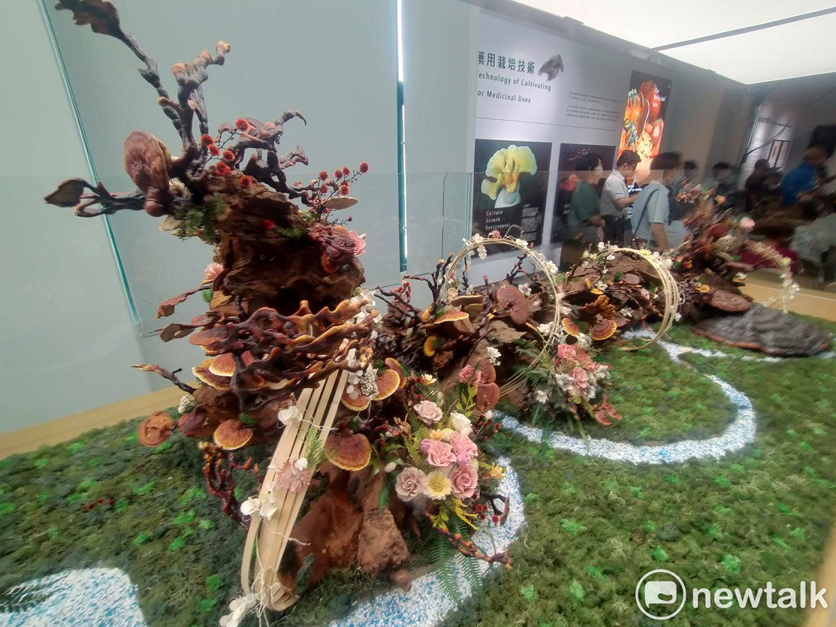 靈芝為主體結合風水學及插花藝術擺設之風生水起展品。 唐復年/攝