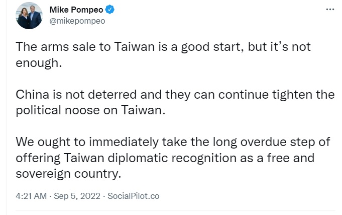 美國前國務卿蓬佩奧在推特肯定拜登政府對台軍售，但稱中國並沒有被嚇阻，應該進一步外交承認台灣。 圖：翻攝自蓬佩奧推特