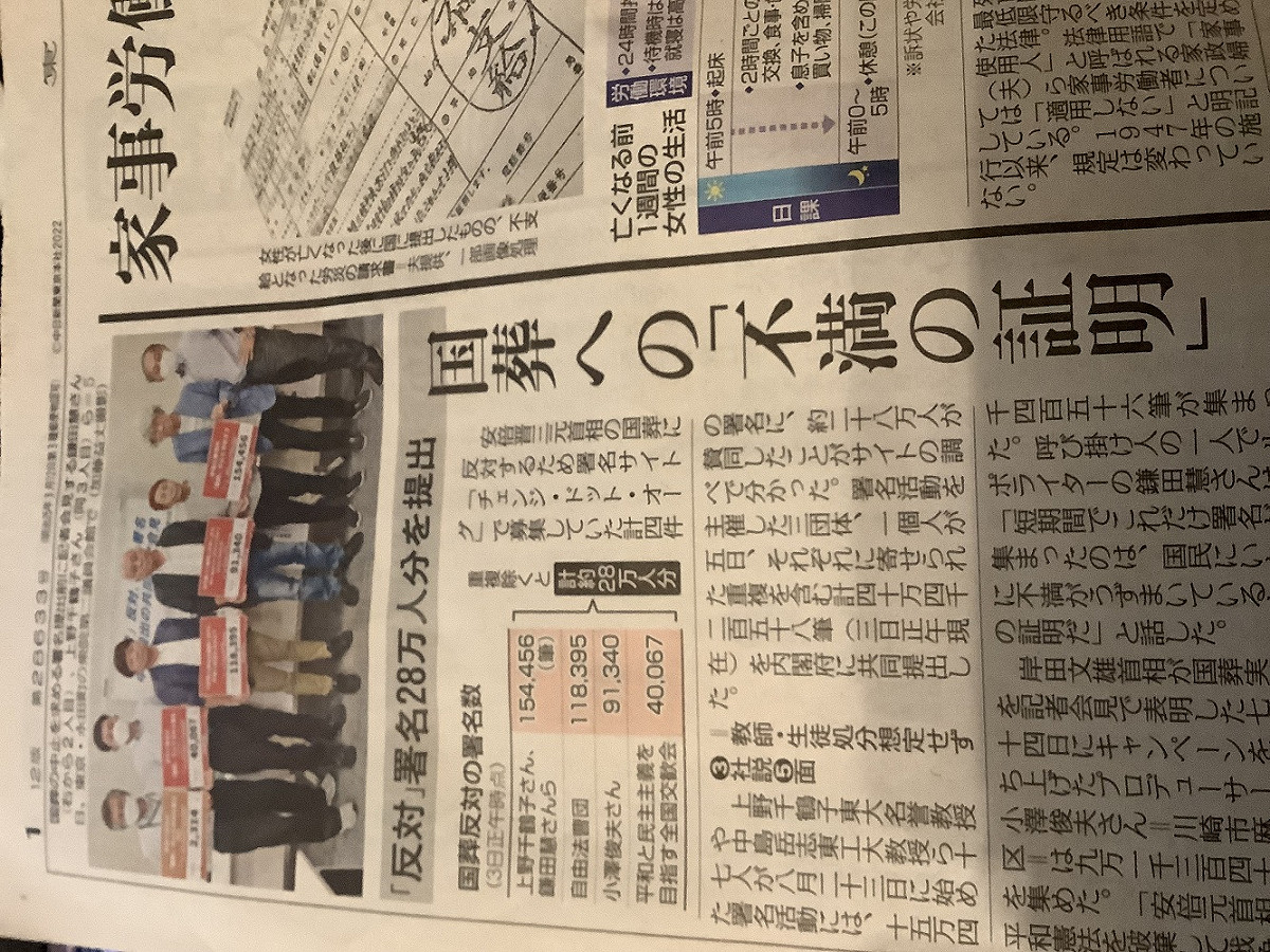 日本許多市民團體抗議安倍國葬，有團體一次提出28萬人連署。 圖：攝自6日東京新聞頭版