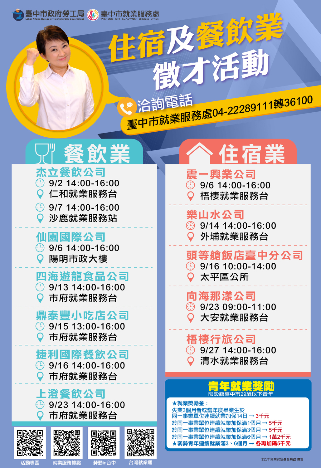 台中市政府針對住宿及餐飲業在9月舉辦擴大徵才活動。 台中市政府/提供