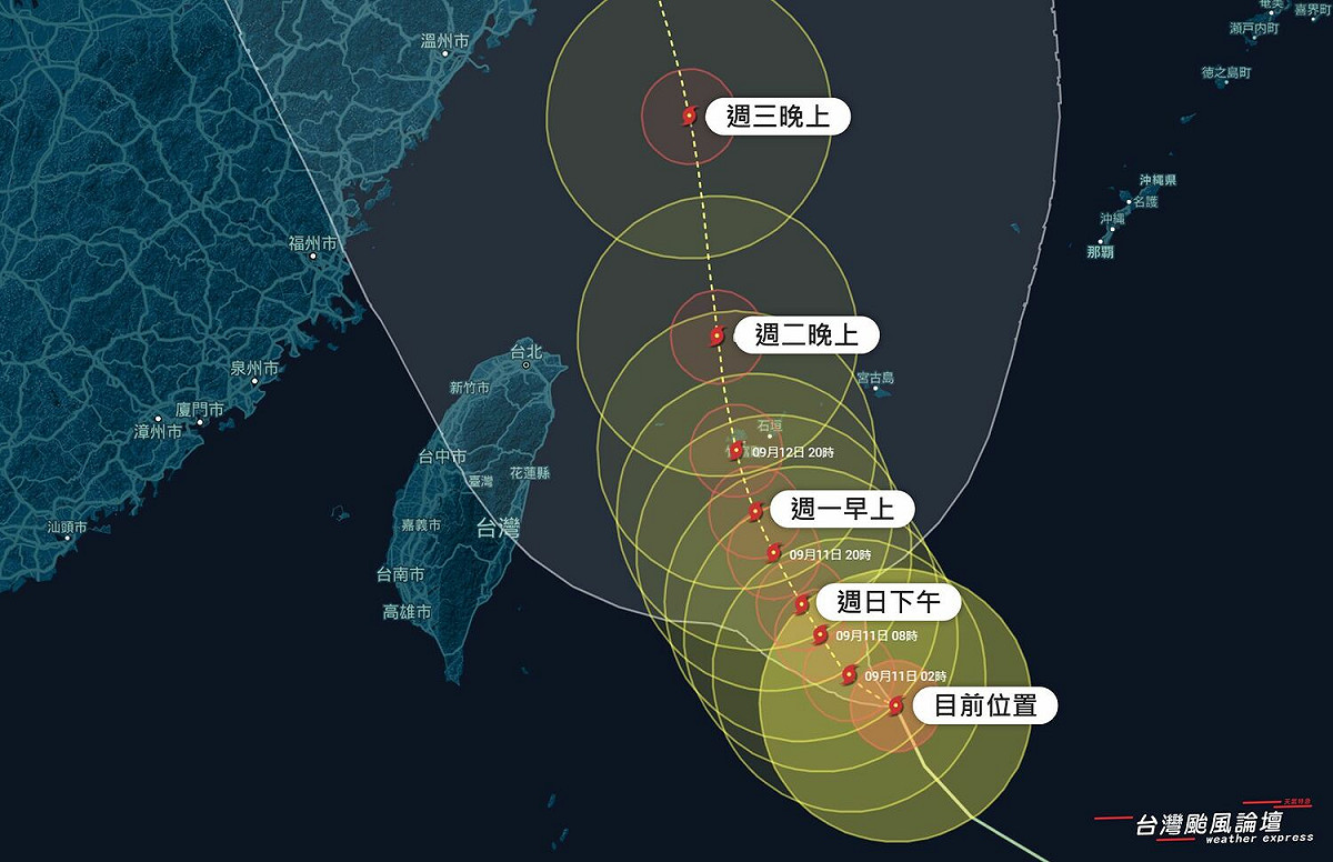颱風這次一樣會從台灣東北側海面擦邊而過，核心並不會直接影響陸地。 圖：翻攝自台灣颱風論壇｜天氣特急臉書