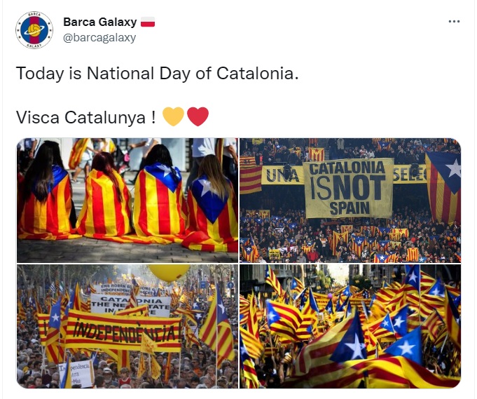 911是西班牙加泰隆尼亞民族日，當地國民議會宣揚獨立，舉辦遊行，估計有15萬人聚集在巴塞隆納。 圖：翻攝自X (前推特)