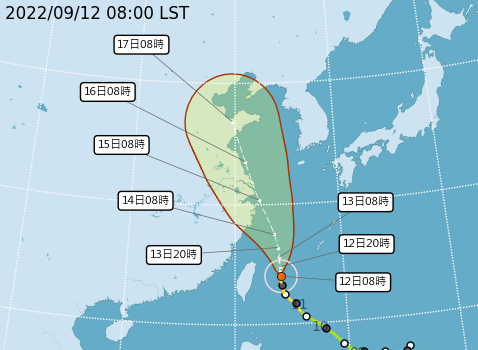 氣象局表示，梅花颱風東側的外圍環流通過台灣陸地後受到限制，因此始終維持在中颱左右。 圖：翻攝自中央氣象局官網