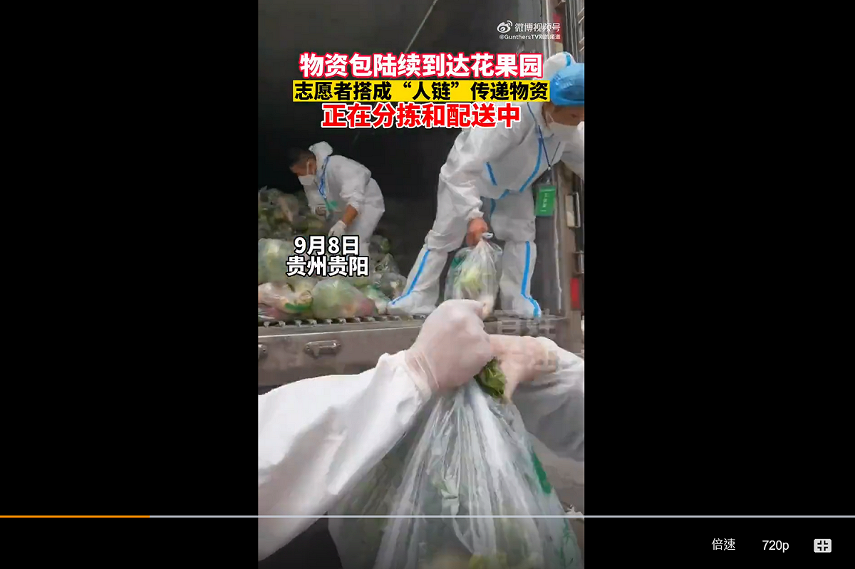 貴陽市「花果園」約百名「大白」以人鏈接力方式傳遞 1.6 萬多份蔬菜，引起網路熱議。 圖：翻攝自微博
