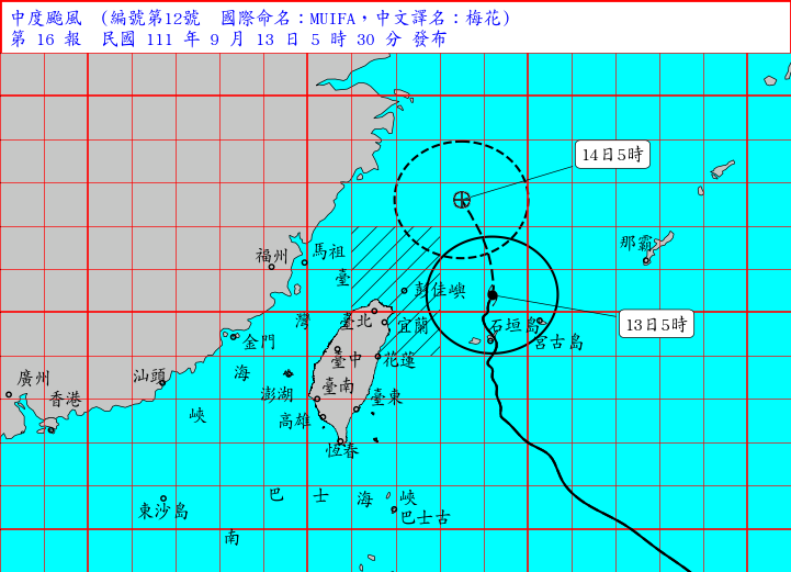 今天上午5時30分，發布梅花颱風海上颱風警報，清晨5時梅花的中心位置在台北東方約270公里海面上，以每小時9轉15公里速度，向北轉北北西進行。 圖：中央氣象局/提供