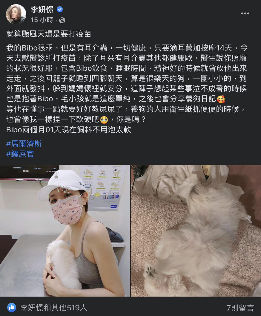 她表示愛犬狀況「一切健康」，是一隻很樂天的狗。 圖：翻攝自李妍憬臉書