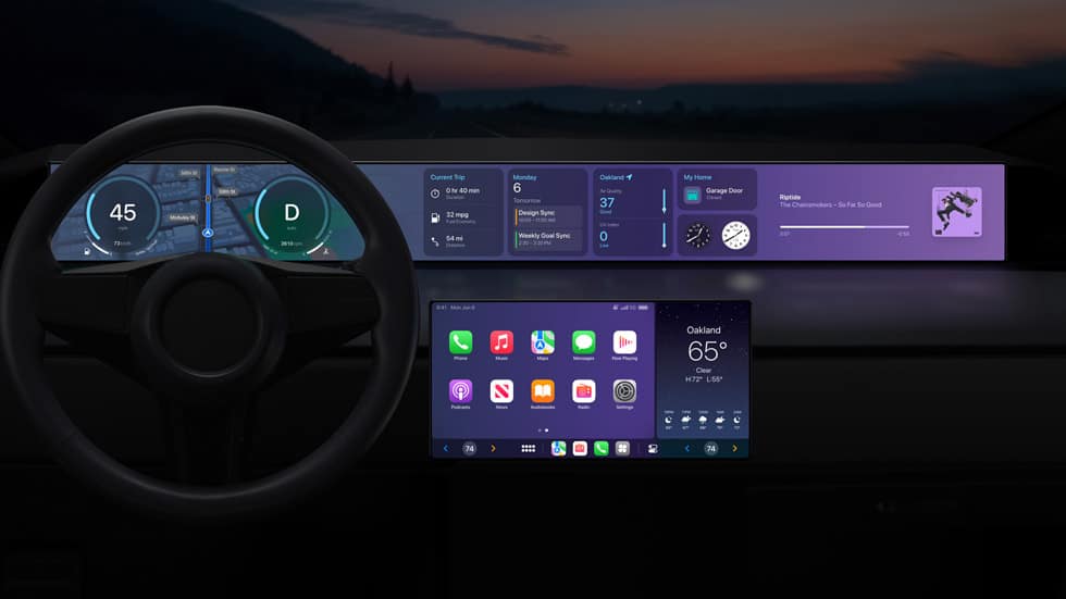 新一代CarPlay更進一步與車子硬體深度整合。CarPlay將可以為車內多個螢幕提供內容，創造統合且一致的體驗。 圖：翻攝自蘋果官網