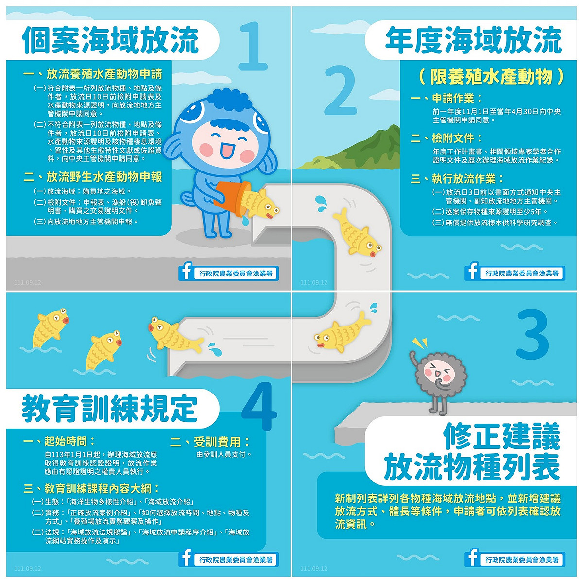 行政院農業委員會公告修正「水產動物海域放流限制及應遵行事項」，增訂放流野生水產動物須經申報，並得以年度計畫全年申請海域放流。 圖：行政院農業委員會漁業署／提供