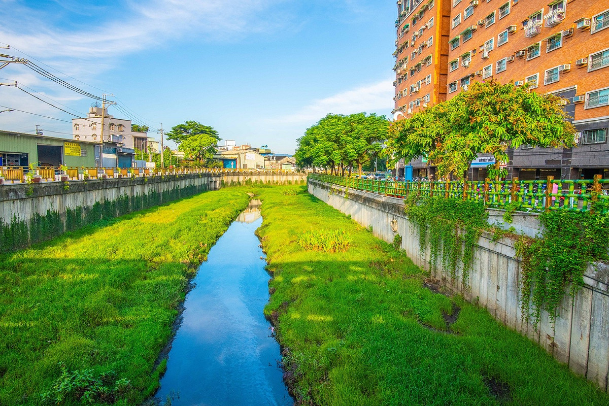 鴨母港溝下游整治完成一片綠意盎然。 圖：新北市水利局提供