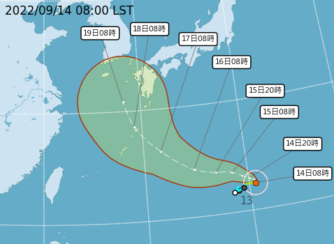 海面上的熱帶性低氣壓TD17，已經於今(14)日深夜成為輕颱「南瑪都」。 圖：取自中央氣象局官網