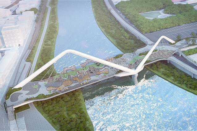 三峽河長福橋改建工程暨周邊環境營造-鳶山稜線不對稱斜索雙拱橋，配合水流曲線橋面。 圖：新北市水利局提供