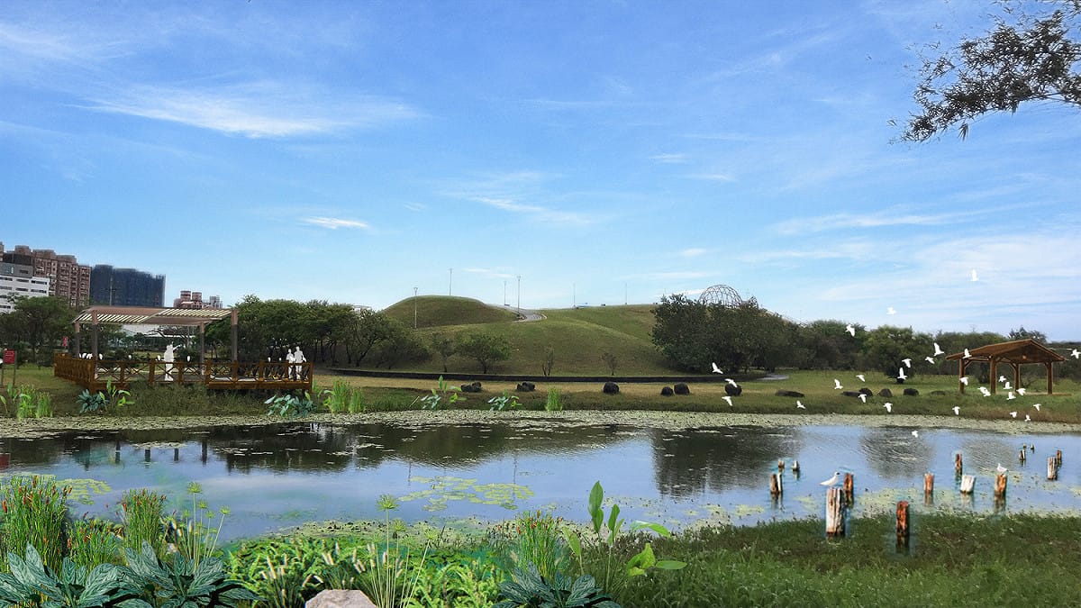 八里十三行文化公園周邊景觀改善-融入生態及環境美學及增加生物棲地之綠色永續工程。 圖：新北市水利局提供