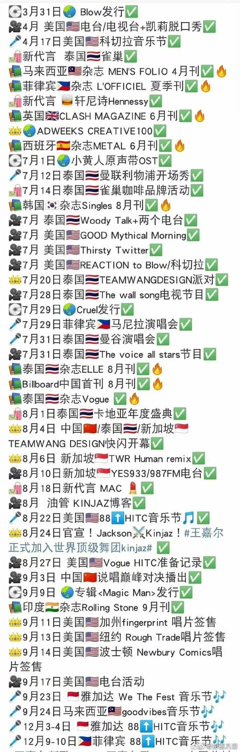 粉絲替王嘉爾整理出今年的行程。 圖：翻攝自微博