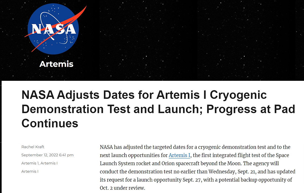 美國國家航空暨太空總署(NASA)(12)日官網公布，他們已修復氫氣洩漏問題，並預計可能最快在９月27日執行第三次「阿提米絲1號發射計畫」。 圖：擷取自NASA官網